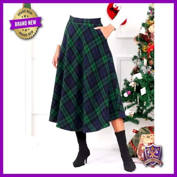 Wool Plaid A-Line Maxi Skirt with Elastic Waist and Pocket - Picture 3 of 7